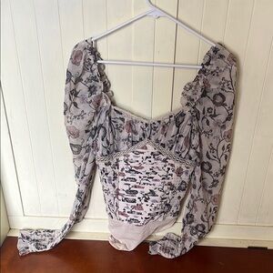 Free People Pink and Cream Bodysuit with Long Puff Sleeves and Ruffled Details